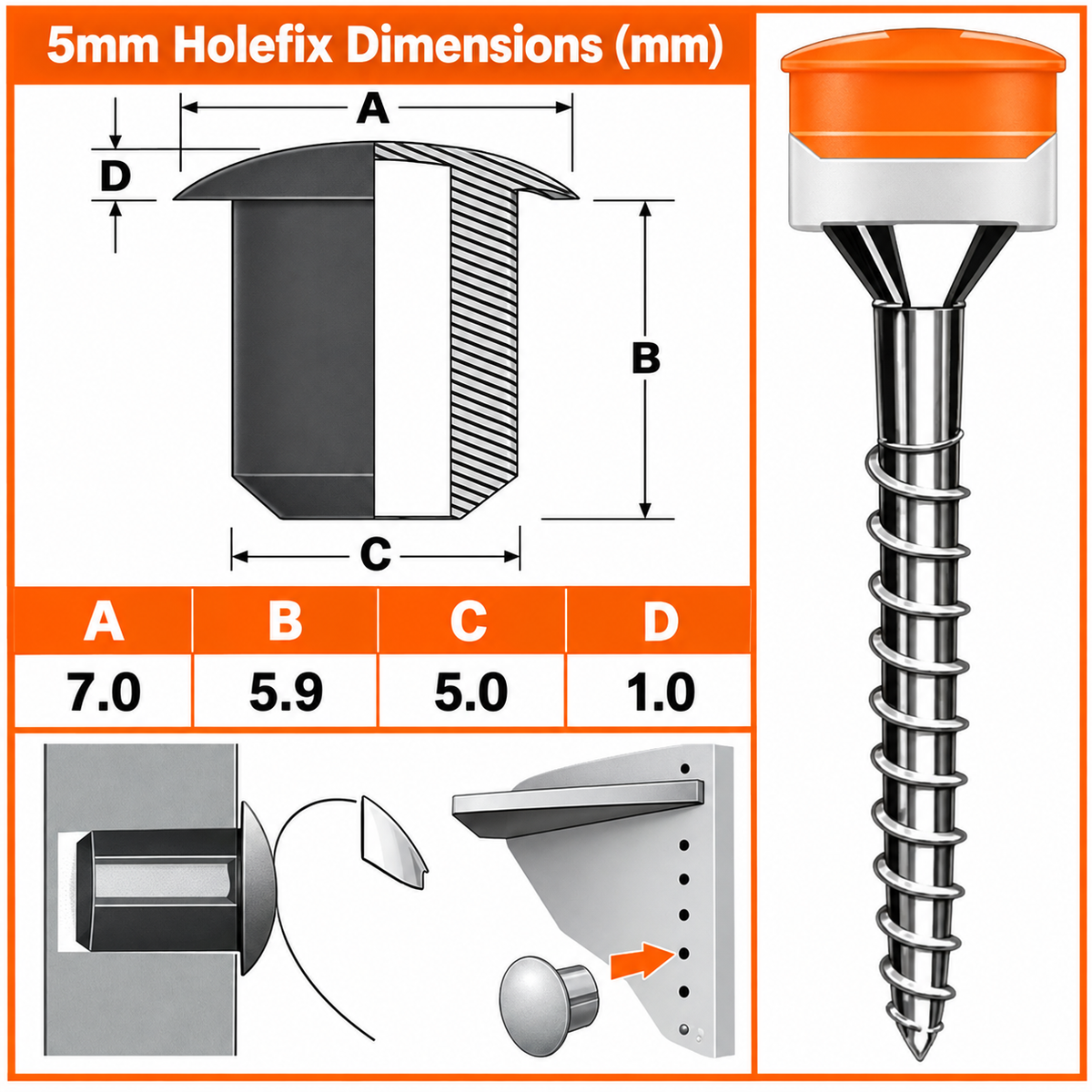 5mm Holefix dimensions: 7mm head, 5.9mm stem, 5mm fitting diameter and 1mm head thickness