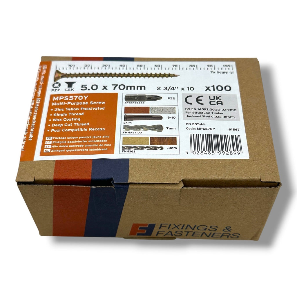 ForgeFix Yellow Zinc Pozi Wood Screws – 5.0 × 70mm – box label and measurements