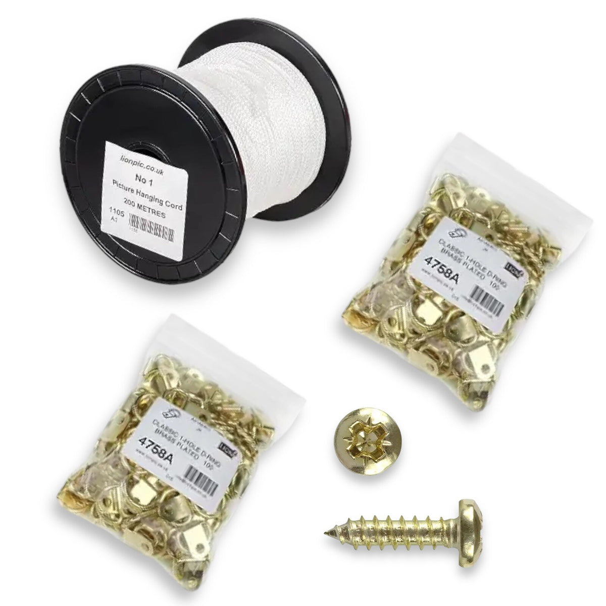 Brass D-Ring Picture Hanging Kit – 200m Cord, 200 Rings & Screws – product image 1
