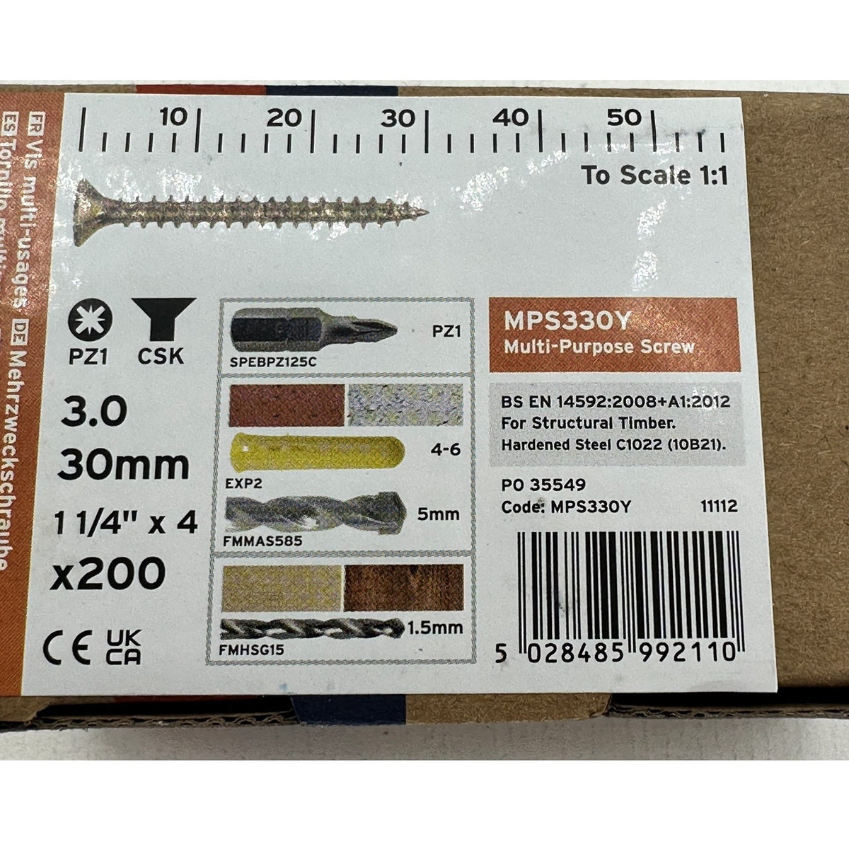 ForgeFix Yellow Zinc Pozi Wood Screws – 3.0 × 30mm – box label and measurements
