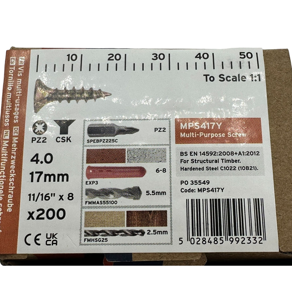 ForgeFix Yellow Zinc Pozi Wood Screws – 4.0 × 17mm – box label and measurements