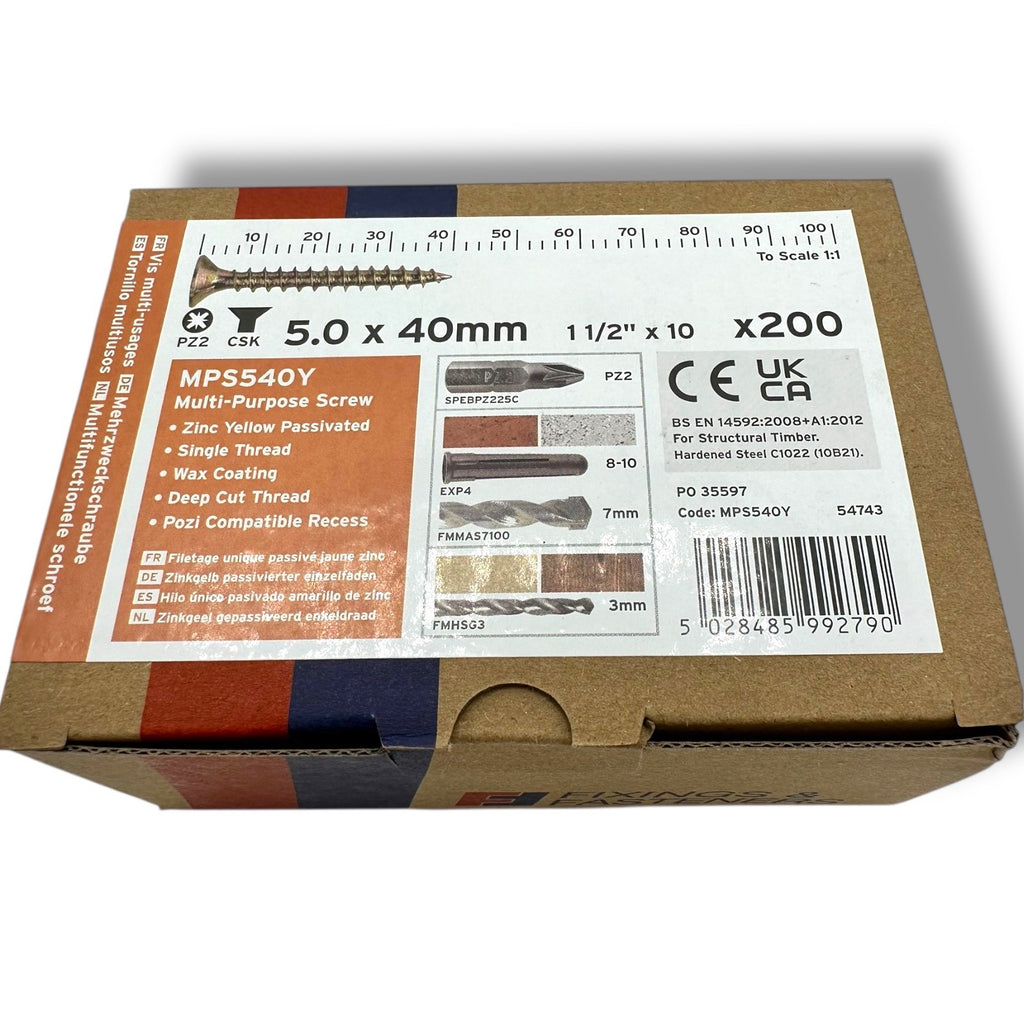 ForgeFix Yellow Zinc Pozi Wood Screws – 5.0 × 40mm – box label and measurements