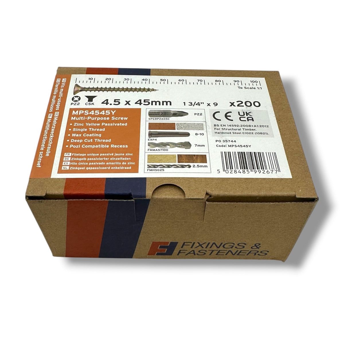 ForgeFix Yellow Zinc Pozi Wood Screws – 4.5 × 45mm – box label and measurements