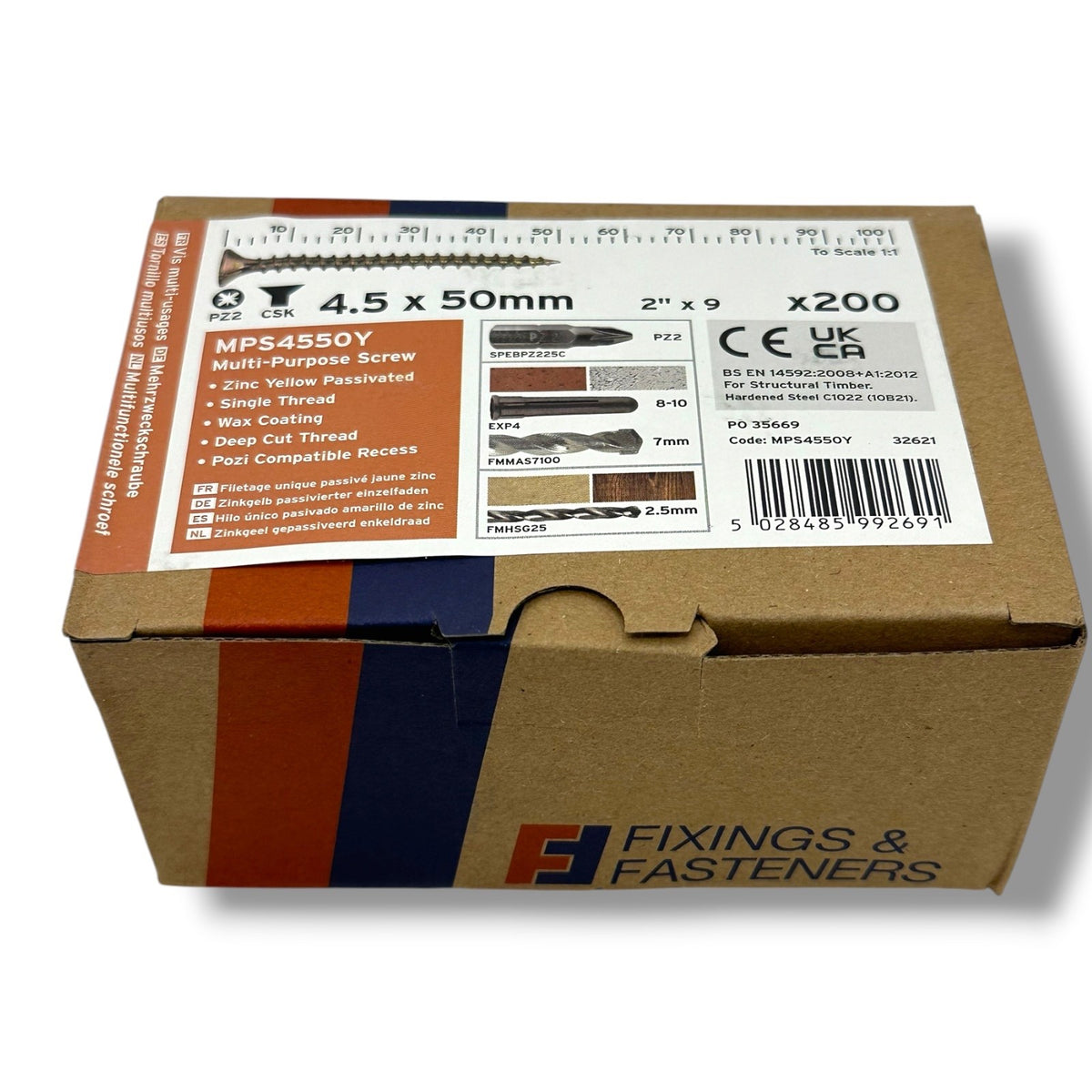 ForgeFix Yellow Zinc Pozi Wood Screws – 4.5 × 50mm – box label and measurements