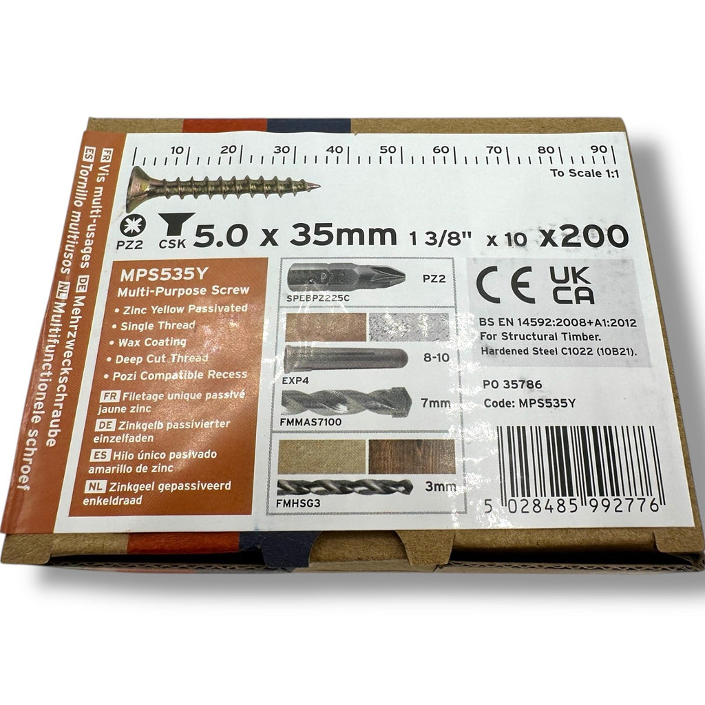 ForgeFix Yellow Zinc Pozi Wood Screws – 5.0 × 35mm – box label and measurements