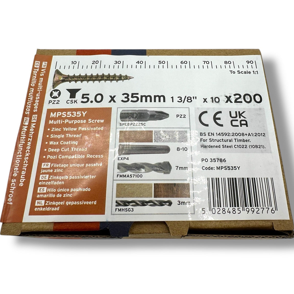 ForgeFix Yellow Zinc Pozi Wood Screws – 5.0 × 35mm – box label and measurements