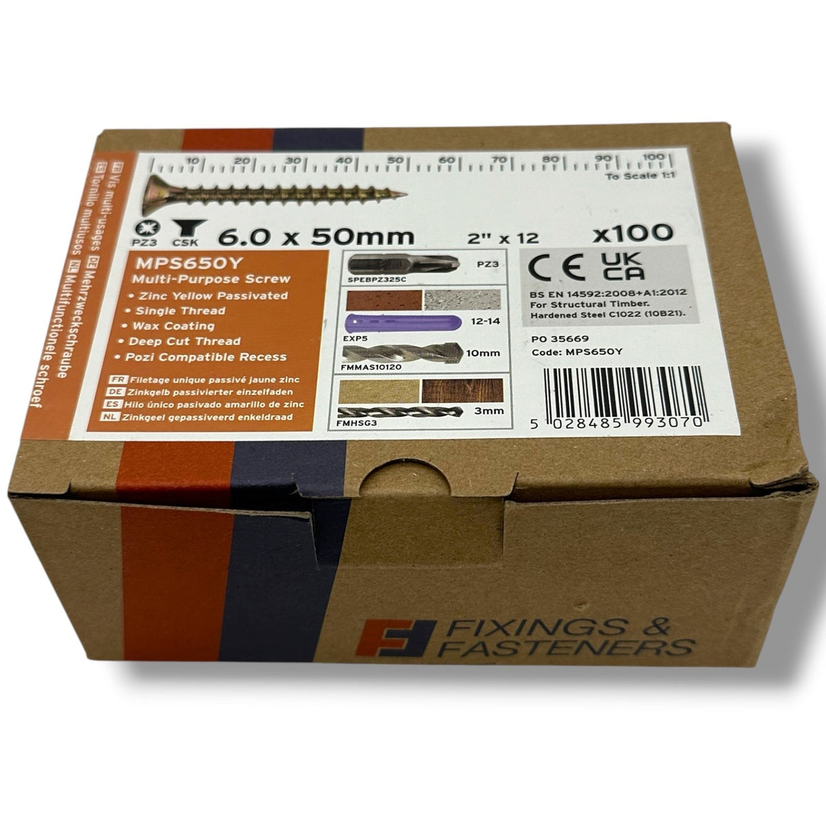 ForgeFix Yellow Zinc Pozi Wood Screws – 6.0 × 50mm – box label and measurements