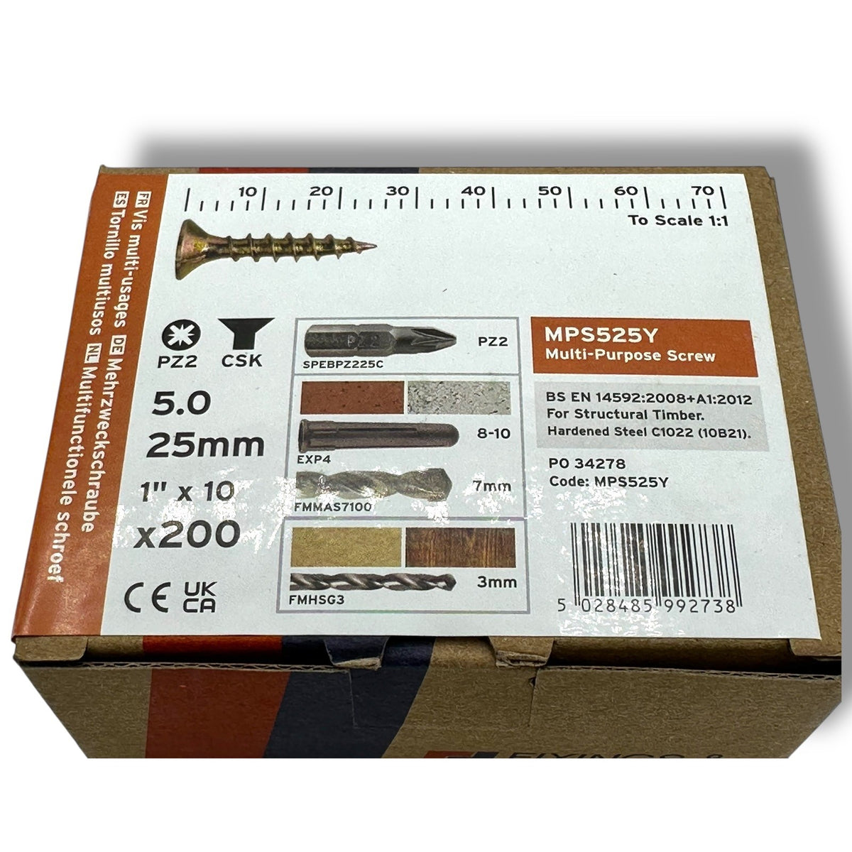 ForgeFix Yellow Zinc Pozi Wood Screws – 5.0 × 25mm – box label and measurements