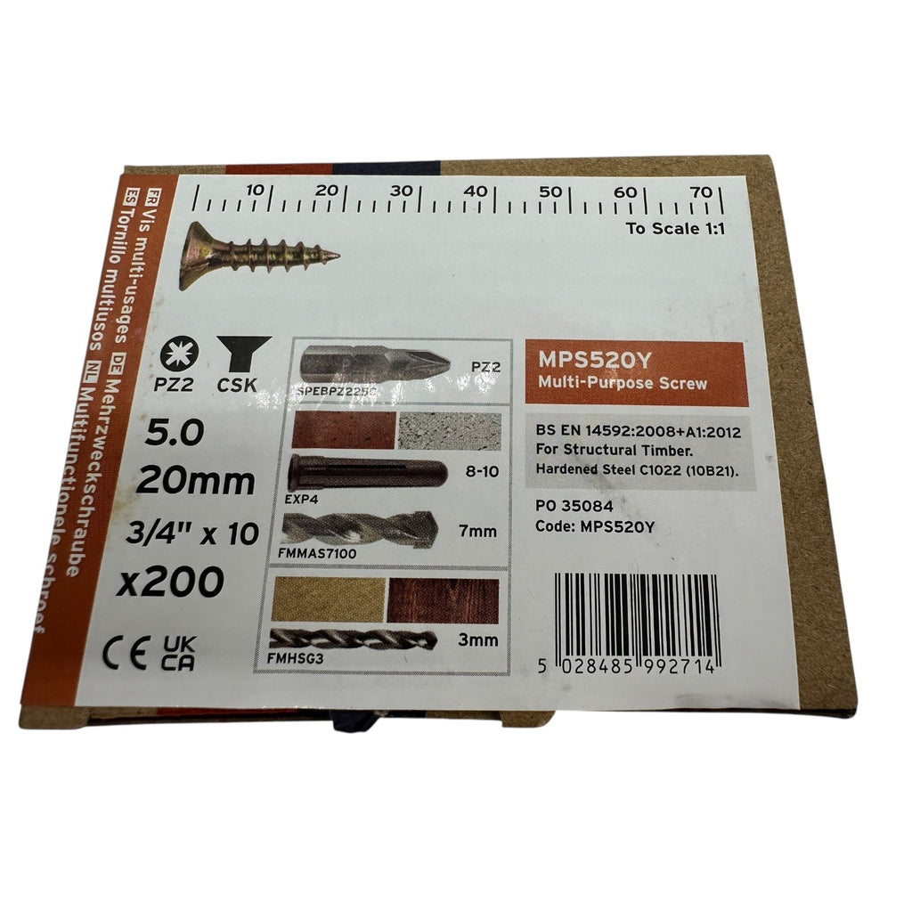 ForgeFix Yellow Zinc Pozi Wood Screws – 5.0 × 20mm – box label and measurements
