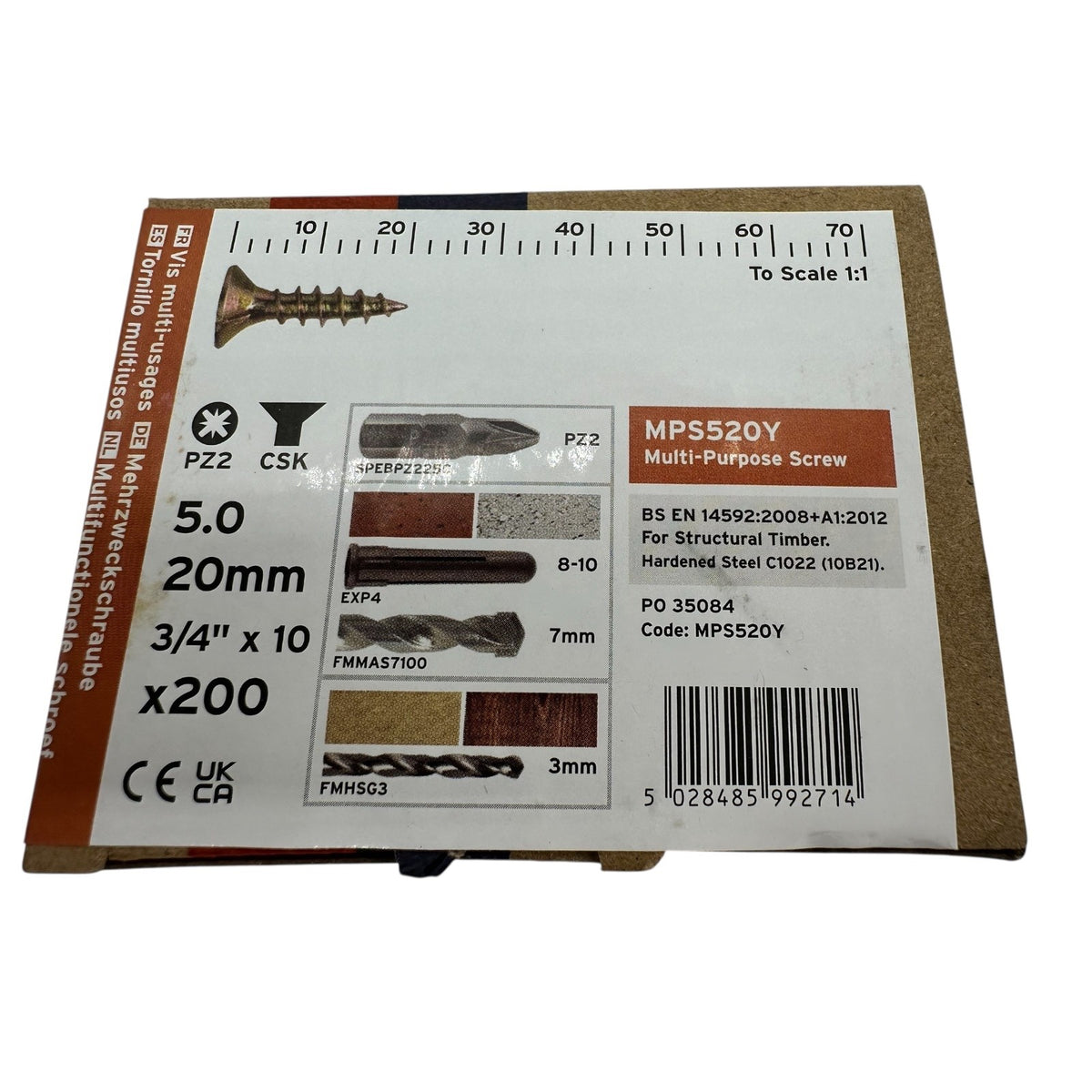 ForgeFix Yellow Zinc Pozi Wood Screws – 5.0 × 20mm – box label and measurements