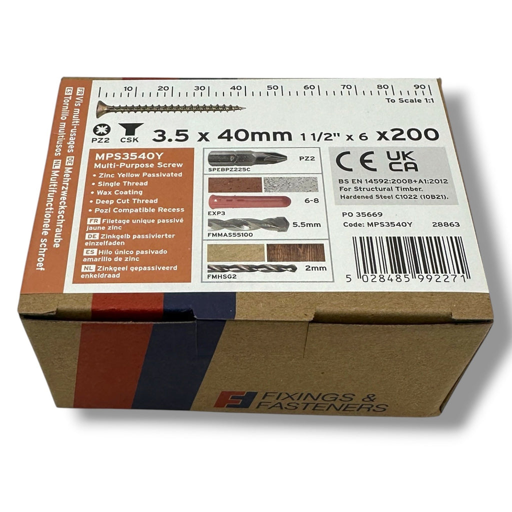 ForgeFix Yellow Zinc Pozi Wood Screws – 3.5 × 40mm – box label and measurements