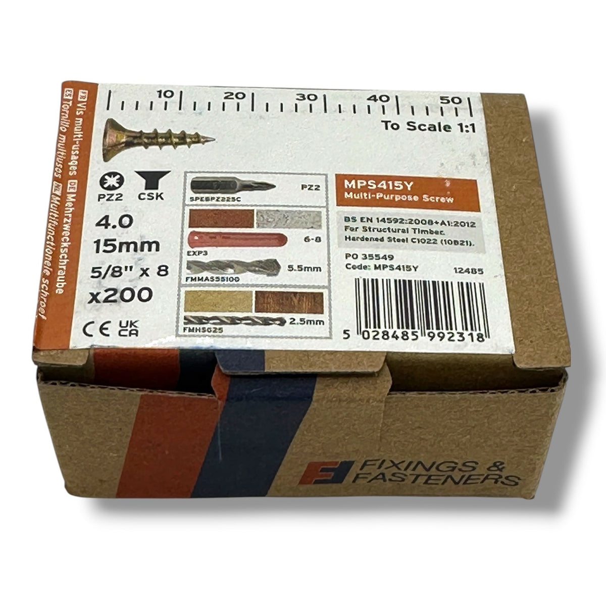 ForgeFix Yellow Zinc Pozi Wood Screws – 4.0 × 15mm – box label and measurements