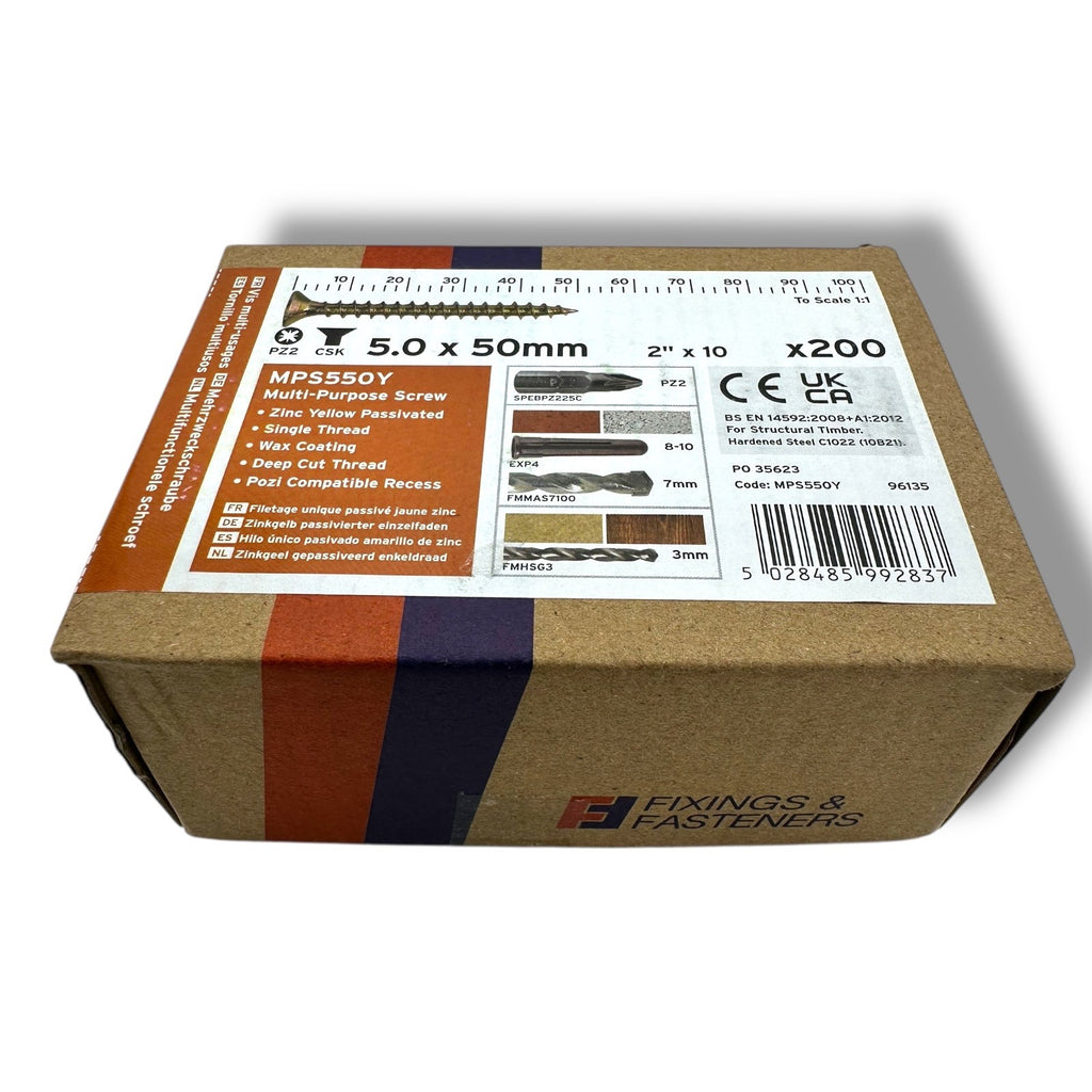 ForgeFix Yellow Zinc Pozi Wood Screws – 5.0 × 50mm – box label and measurements