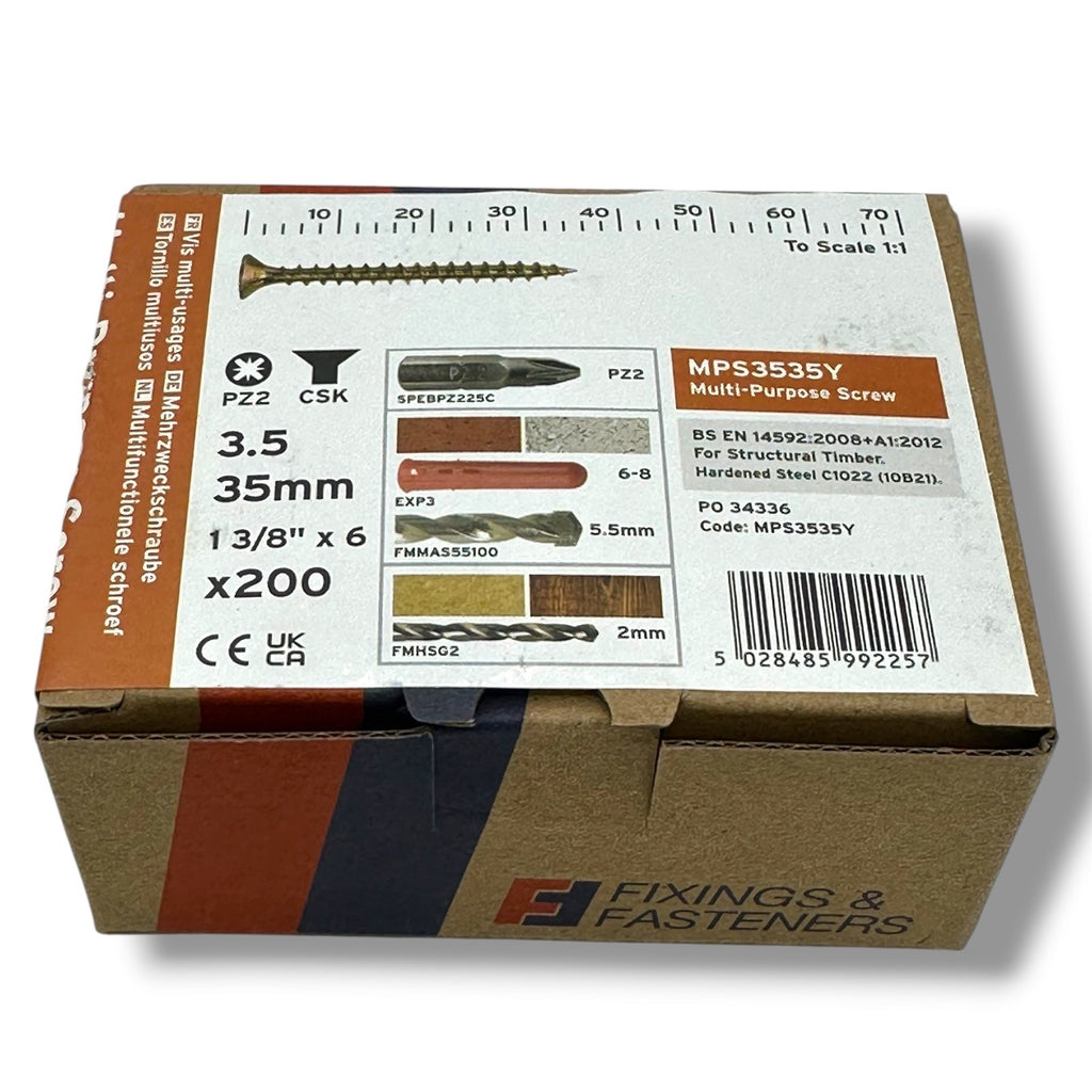 ForgeFix Yellow Zinc Pozi Wood Screws – 3.5 × 35mm – box label and measurements