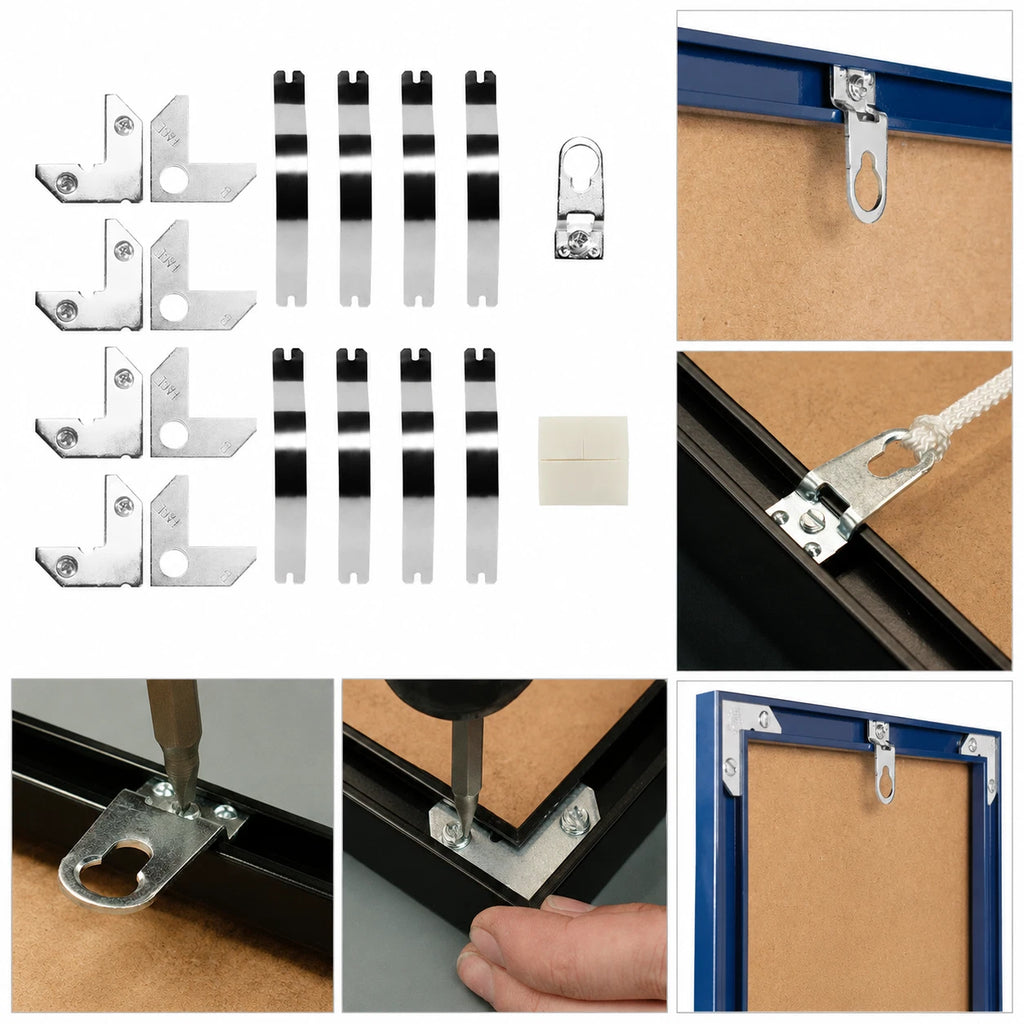 Aluminium Picture Frame Hardware Kit Corner Plates Bow Springs Keyhole Hangers – product image 1