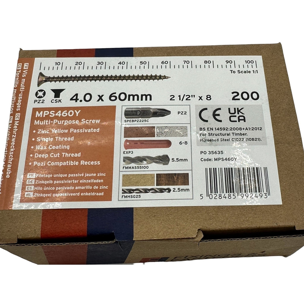 ForgeFix Yellow Zinc Pozi Wood Screws – 4.0 × 60mm – box label and measurements