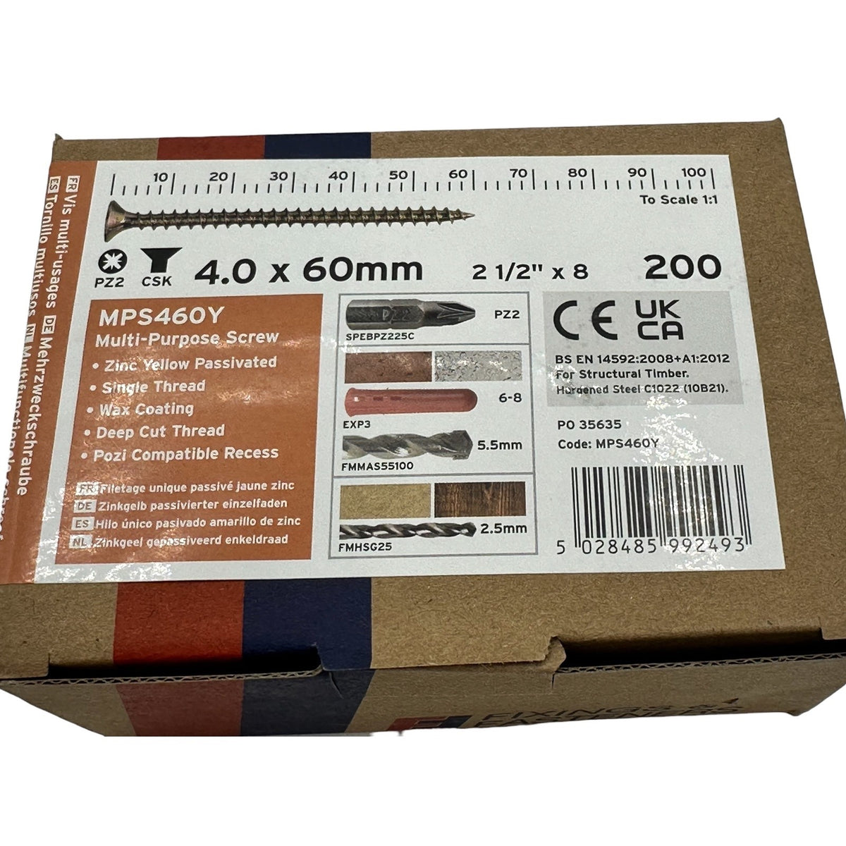 ForgeFix Yellow Zinc Pozi Wood Screws – 4.0 × 60mm – box label and measurements