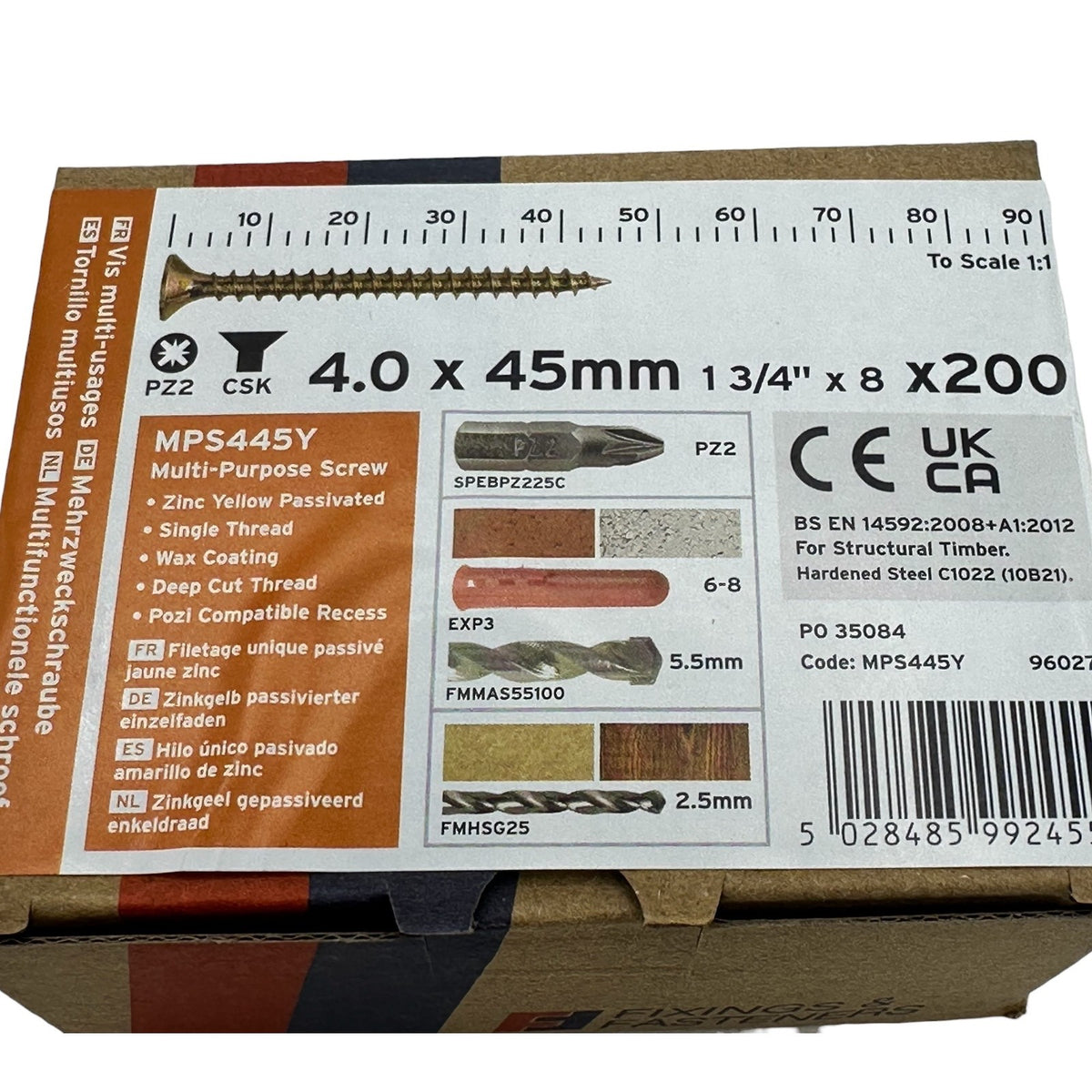 ForgeFix Yellow Zinc Pozi Wood Screws – 4.0 × 45mm – box label and measurements