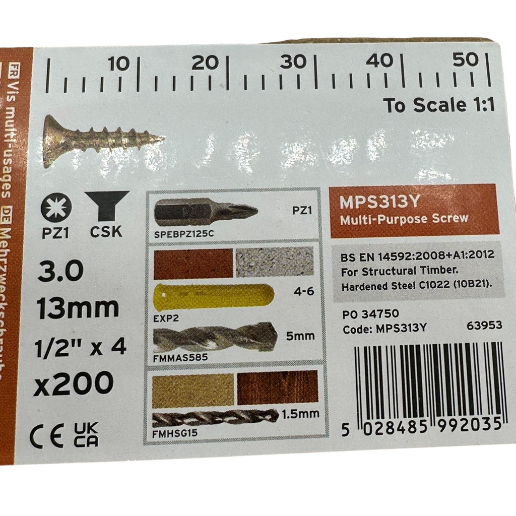 ForgeFix Yellow Zinc Pozi Wood Screws – 3.0 × 13mm – box label and measurements