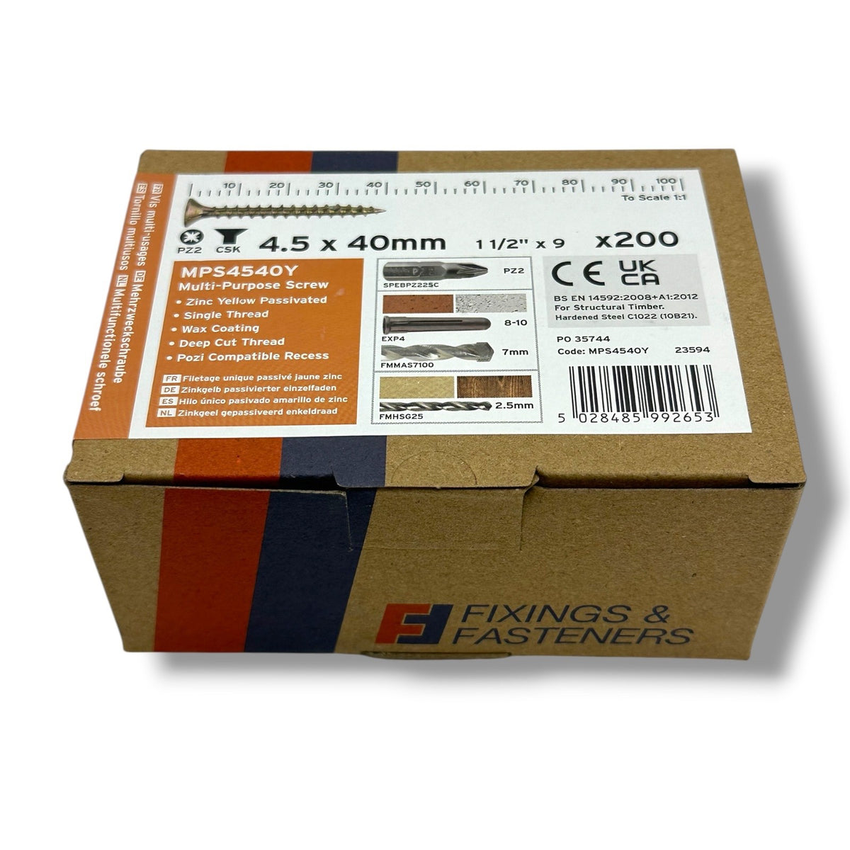 ForgeFix Yellow Zinc Pozi Wood Screws – 4.5 × 40mm – box label and measurements