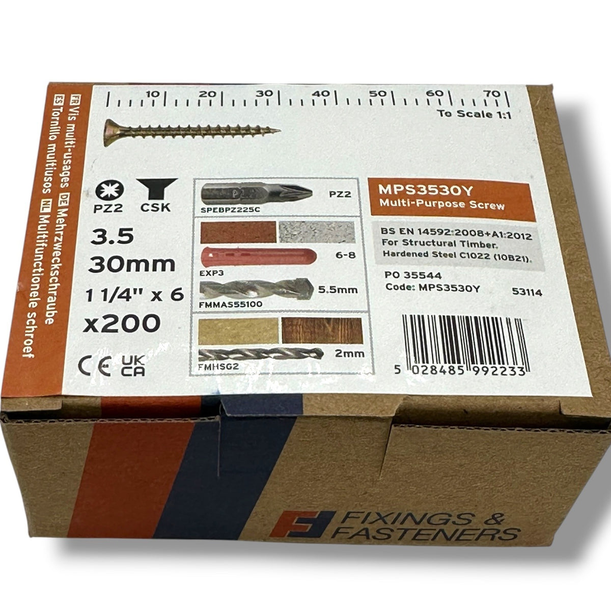 ForgeFix Yellow Zinc Pozi Wood Screws – 3.5 × 30mm – box label and measurements