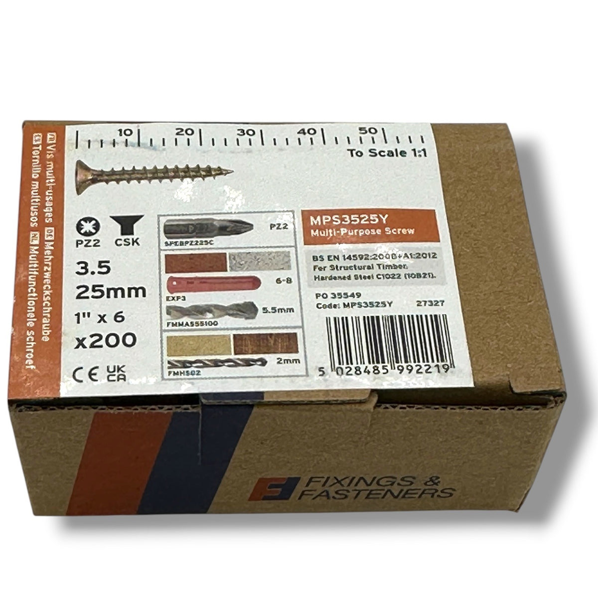 ForgeFix Yellow Zinc Pozi Wood Screws – 3.5 × 25mm – box label and measurements