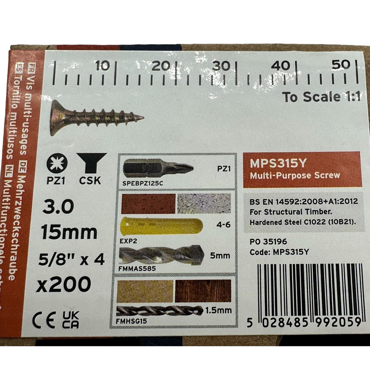 ForgeFix Yellow Zinc Pozi Wood Screws – 3.0 × 15mm – box label and measurements