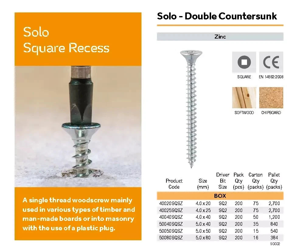 TIMco Solo Woodscrews 3.5 × 50mm 6 × 2" PZ Double CSK Zinc 200 Pack DIY Screw – product image 4