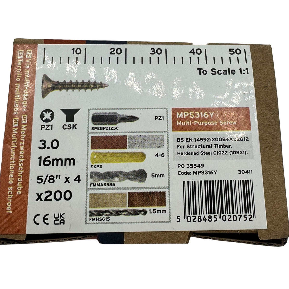 ForgeFix Yellow Zinc Pozi Wood Screws – 3.0 × 16mm – box label and measurements