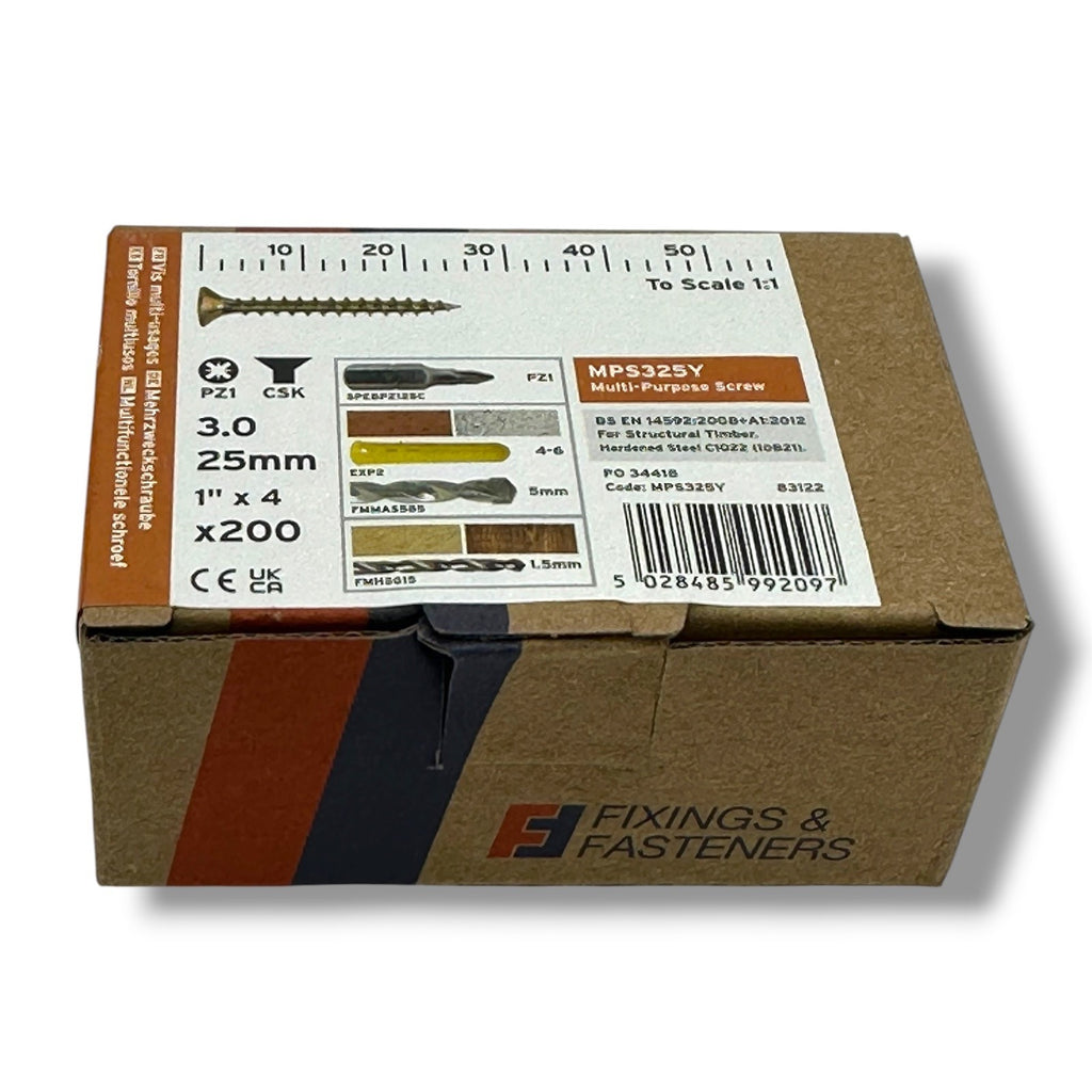 ForgeFix Yellow Zinc Pozi Wood Screws – 3.0 × 25mm – box label and measurements