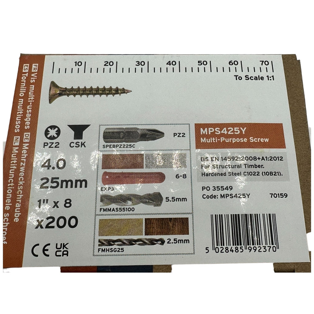 ForgeFix Yellow Zinc Pozi Wood Screws – 4.0 × 25mm – box label and measurements