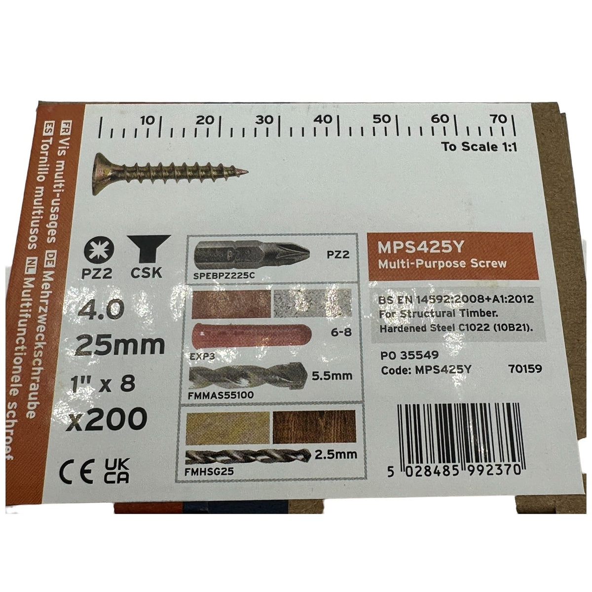 ForgeFix Yellow Zinc Pozi Wood Screws – 4.0 × 25mm – box label and measurements