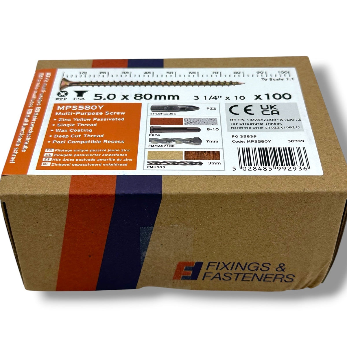 ForgeFix Yellow Zinc Pozi Wood Screws – 5.0 × 80mm – box label and measurements