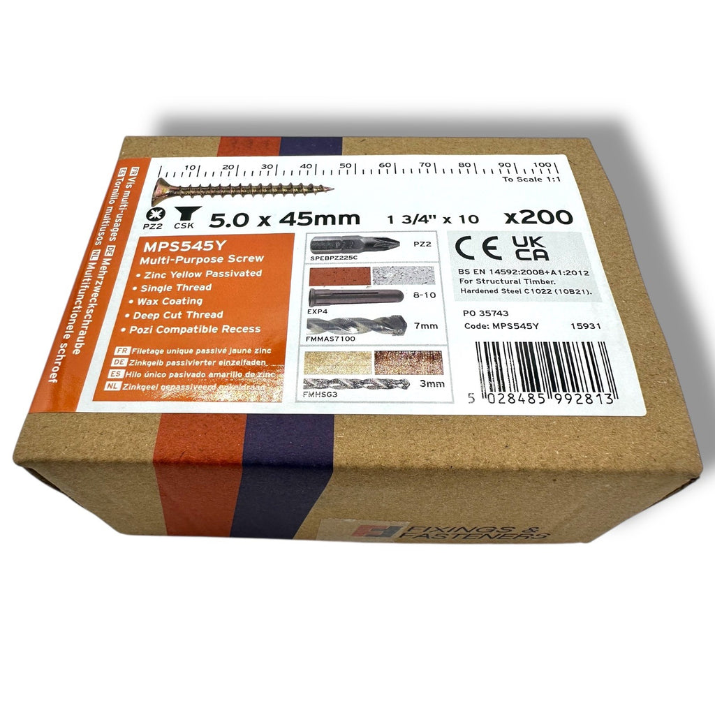 ForgeFix Yellow Zinc Pozi Wood Screws – 5.0 × 45mm – box label and measurements