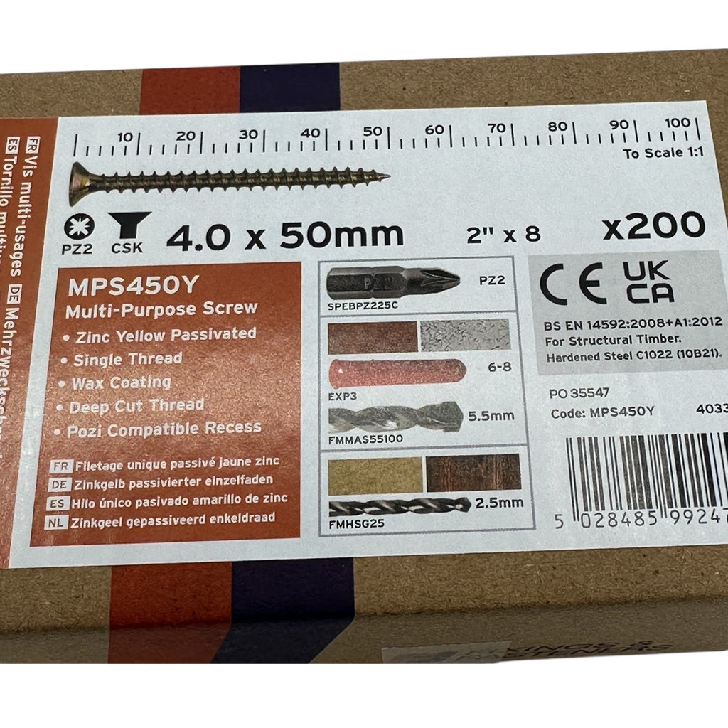 ForgeFix Yellow Zinc Pozi Wood Screws – 4.0 × 50mm – box label and measurements