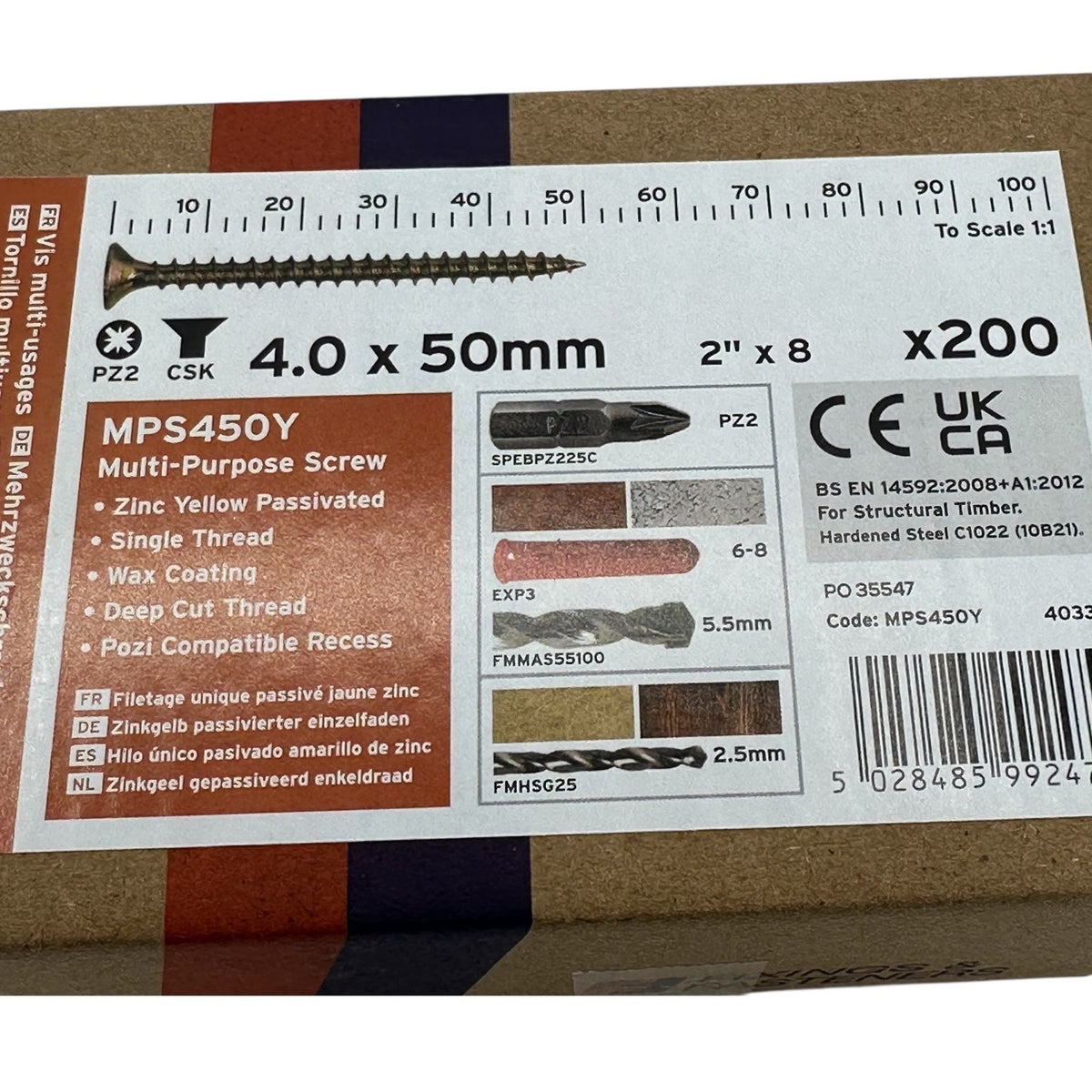 ForgeFix Yellow Zinc Pozi Wood Screws – 4.0 × 50mm – box label and measurements
