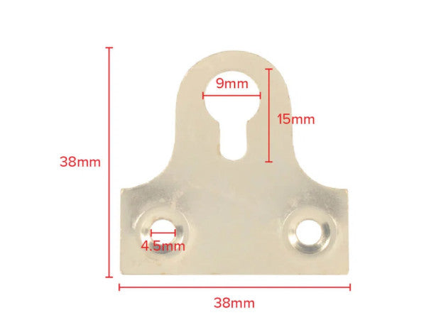 Brass-Plated Inverted Keyhole Mirror Plates – 38mm, Pack of 10 – dimensions and measurements
