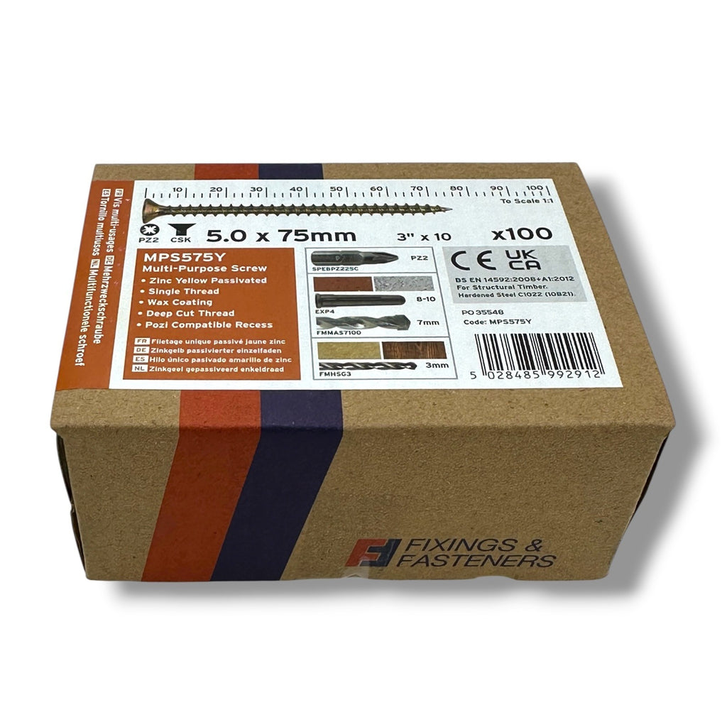 ForgeFix Yellow Zinc Pozi Wood Screws – 5.0 × 75mm – box label and measurements