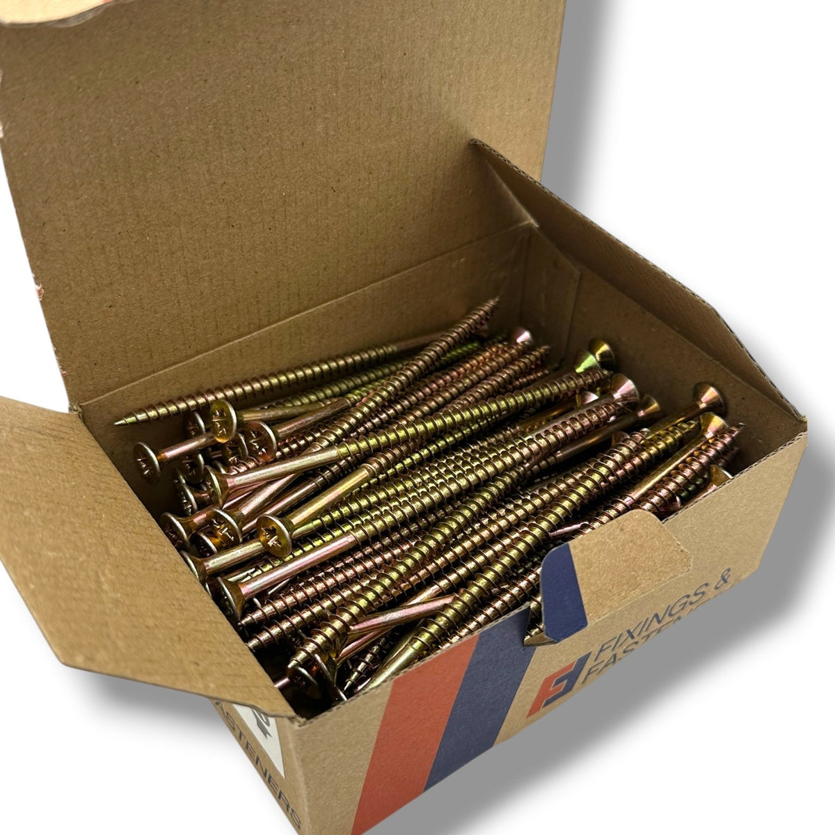 ForgeFix Yellow Zinc Pozi Wood Screws – 5.0 × 120mm – box label and measurements