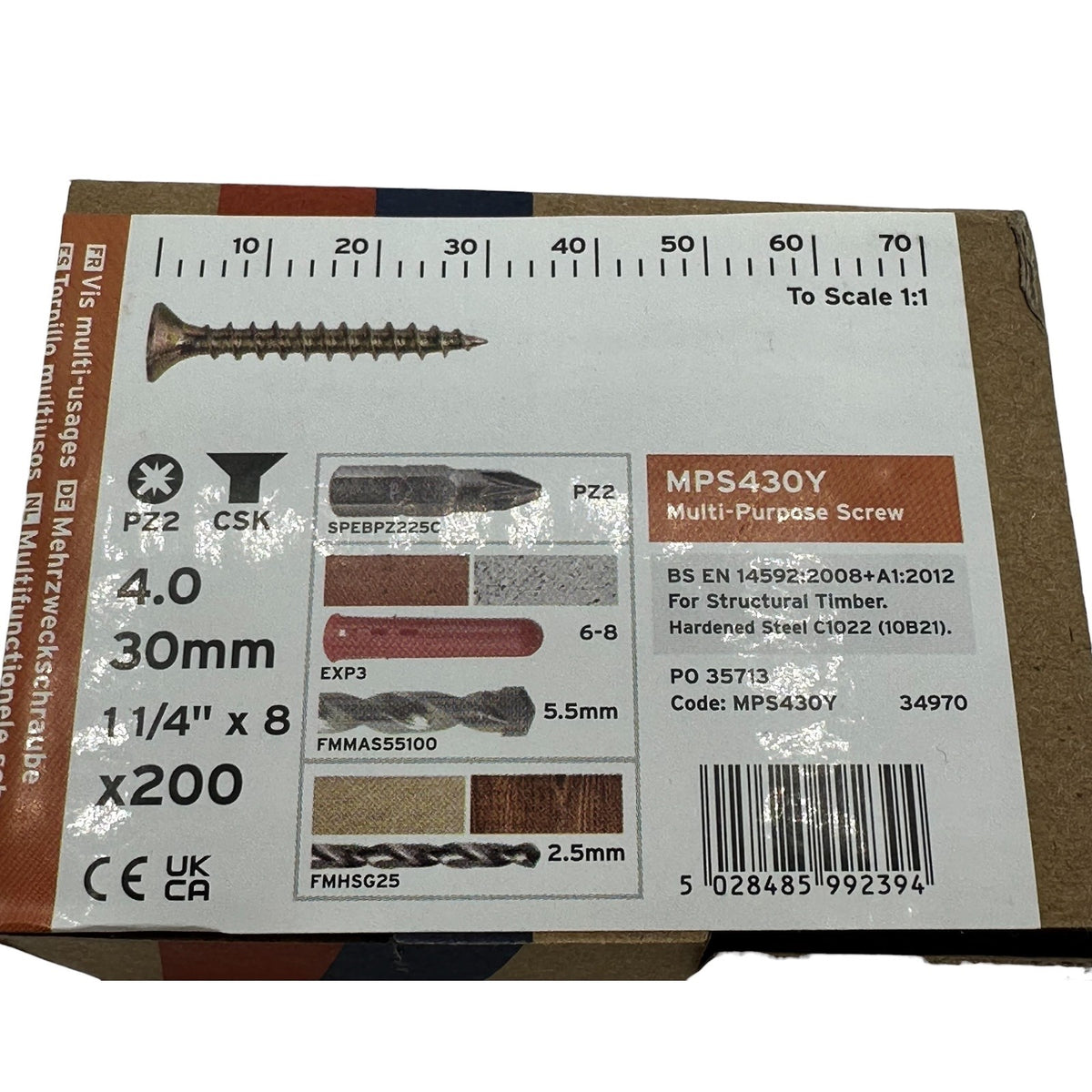 ForgeFix Yellow Zinc Pozi Wood Screws – 4.0 × 30mm – box label and measurements