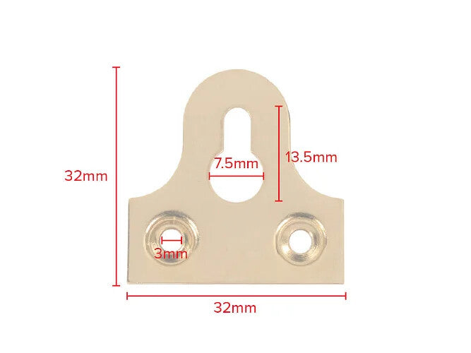Brass-Plated Slotted Canvas & Mirror Plates – 32mm – dimensions and measurements