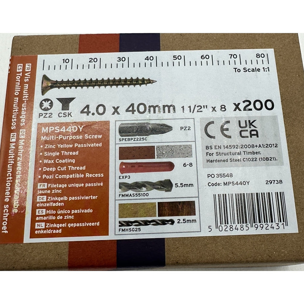 ForgeFix Yellow Zinc Pozi Wood Screws – 4.0 × 40mm – box label and measurements