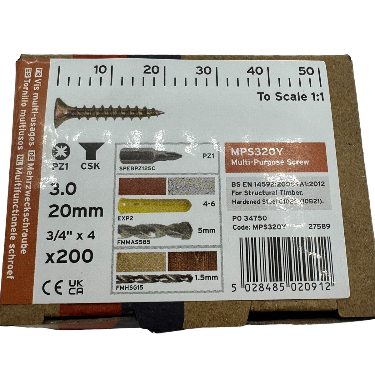 ForgeFix Yellow Zinc Pozi Wood Screws – 3.0 × 20mm – box label and measurements
