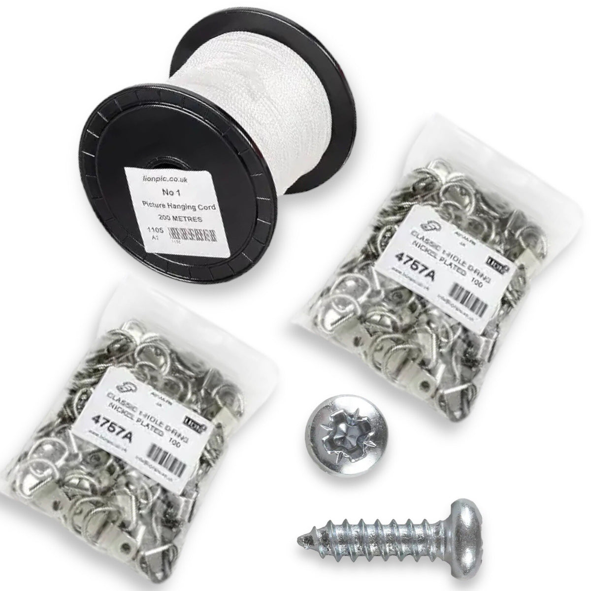 Classic D-Ring Picture Hanging Kit – 200m Cord, 200 Rings & Screws – product image 1