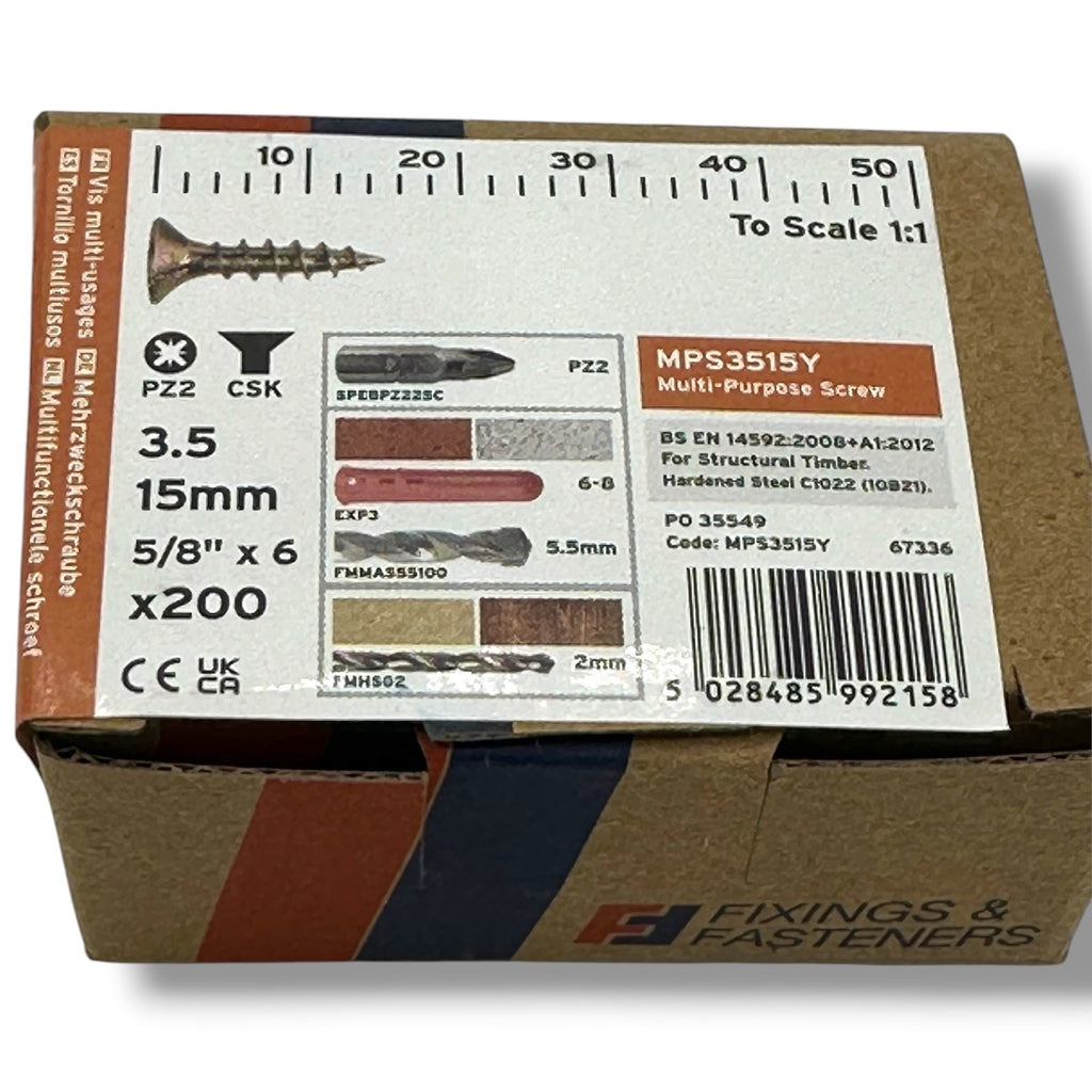 ForgeFix Yellow Zinc Pozi Wood Screws – 3.5 × 15mm – box label and measurements