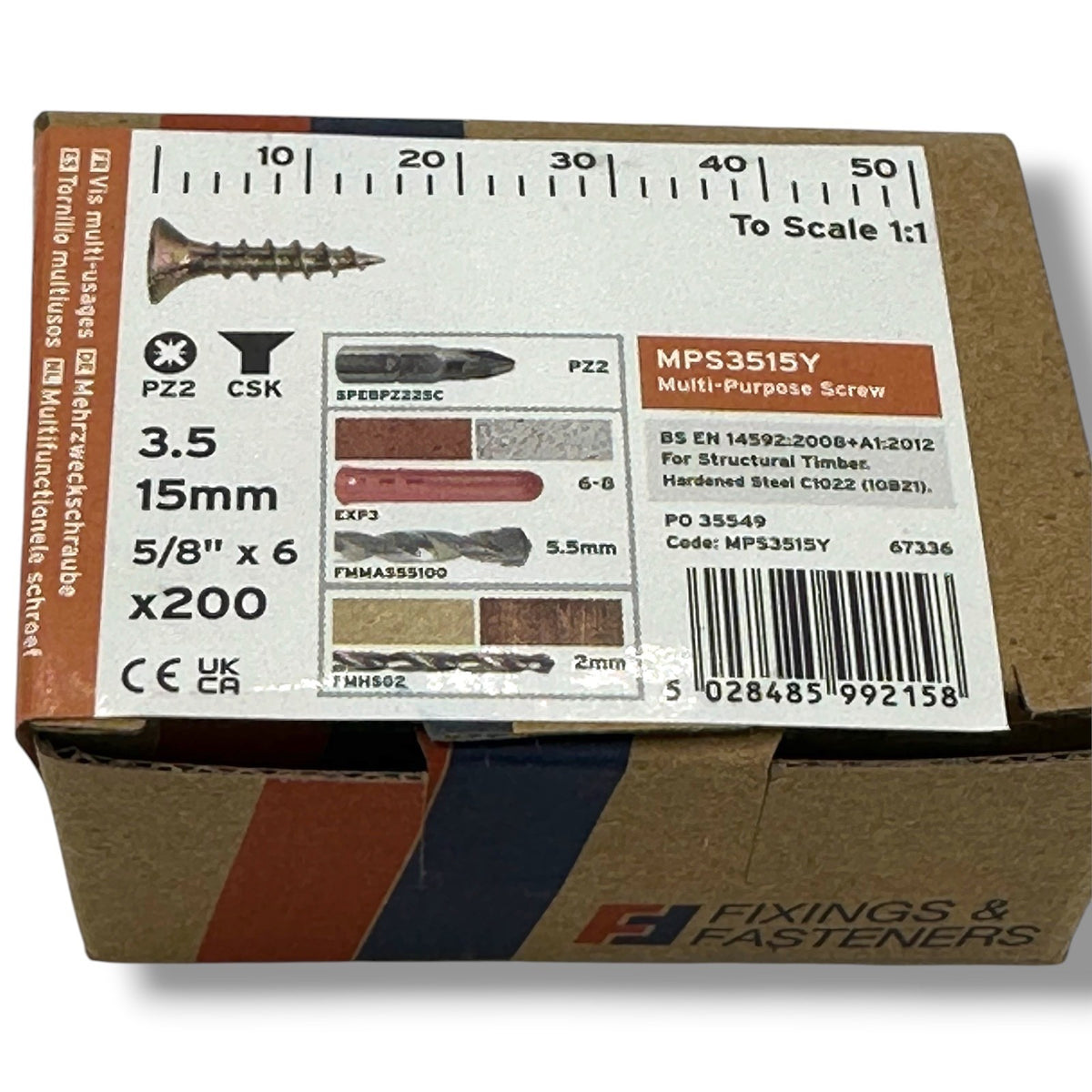 ForgeFix Yellow Zinc Pozi Wood Screws – 3.5 × 15mm – box label and measurements