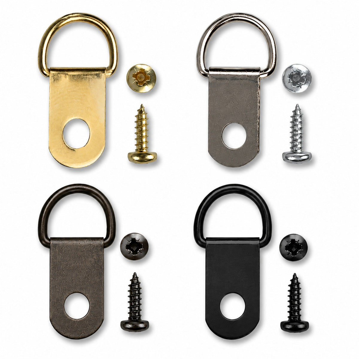 Small 1-Hole D-Ring Hangers – 4 Finishes, Screws Optional