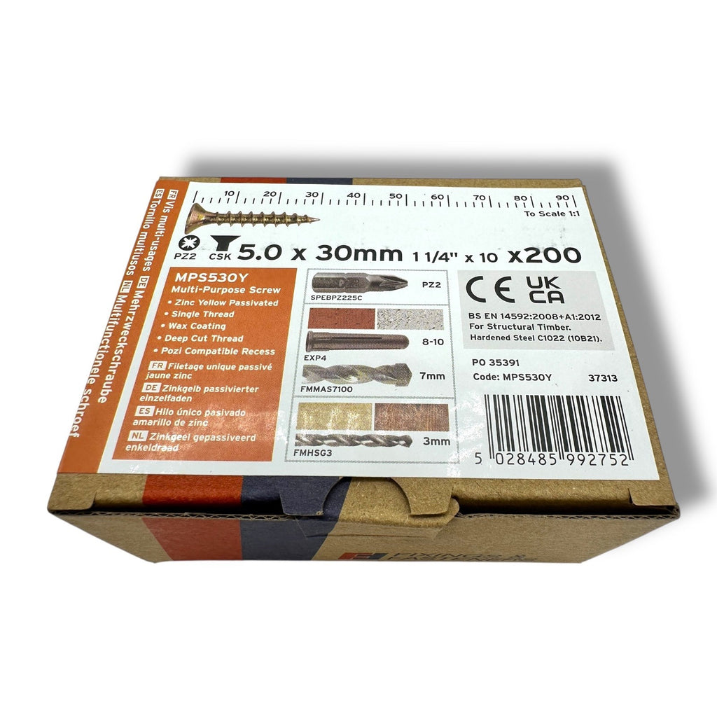 ForgeFix Yellow Zinc Pozi Wood Screws – 5.0 × 30mm – box label and measurements