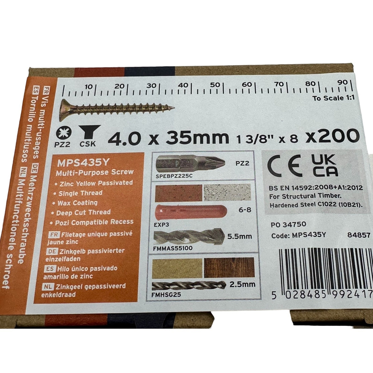 ForgeFix Yellow Zinc Pozi Wood Screws – 4.0 × 35mm – box label and measurements