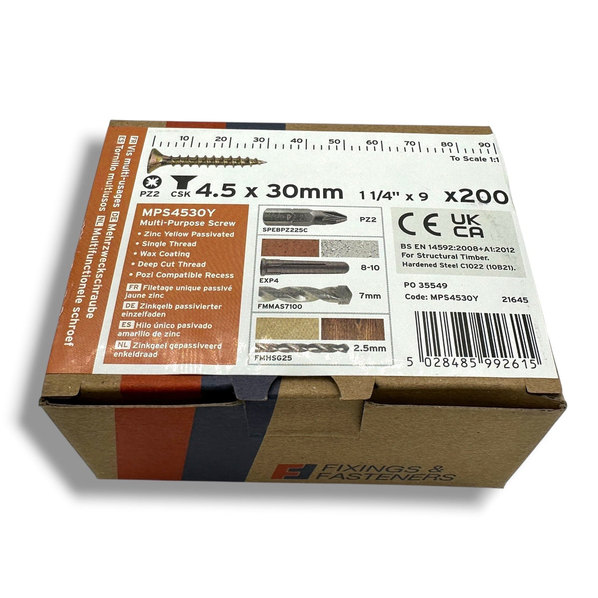 ForgeFix Yellow Zinc Pozi Wood Screws – 4.5 × 30mm – box label and measurements